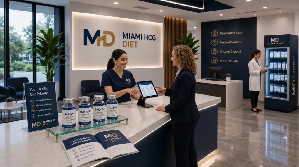 Miami HCG Diet clinic staff member assisting a patient with a personalized weight loss program consultation at a modern wellness center.