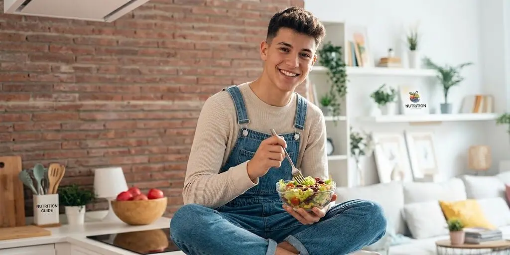 Young man enjoying a healthy meal at home as part of a balanced nutrition and weight management lifestyle.