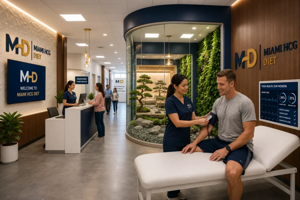 Miami HCG Diet clinic staff member performing a health assessment for a patient in a modern weight loss and wellness facility.