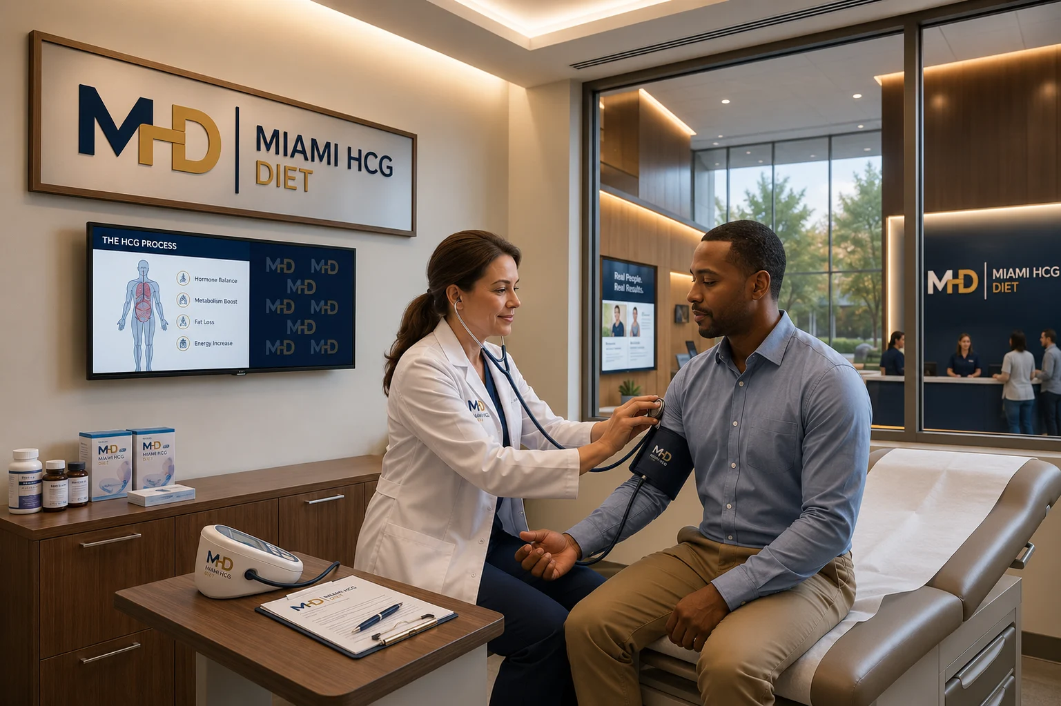 Miami HCG Diet clinic doctor performing a patient health assessment during a weight loss consultation with personalized care guidance.