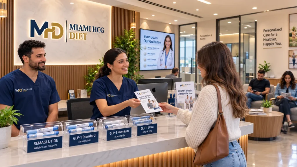 Miami HCG Diet clinic reception area with healthcare staff assisting a woman, featuring semaglutide, GLP-1, and tirzepatide weight loss treatment displays.