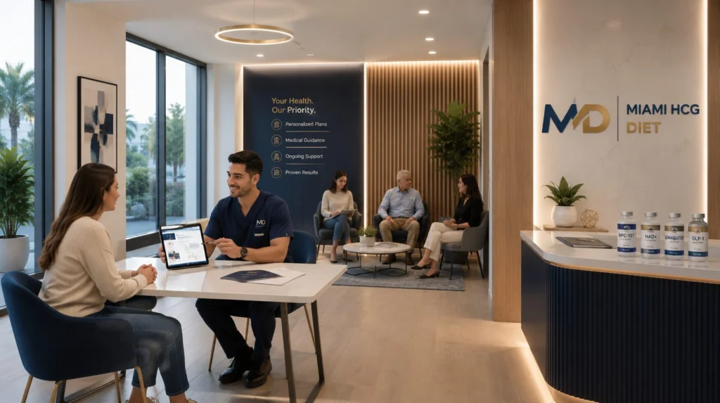 Miami HCG Diet specialist consulting with a patient in a modern wellness clinic focused on personalized weight loss plans and medical guidance.