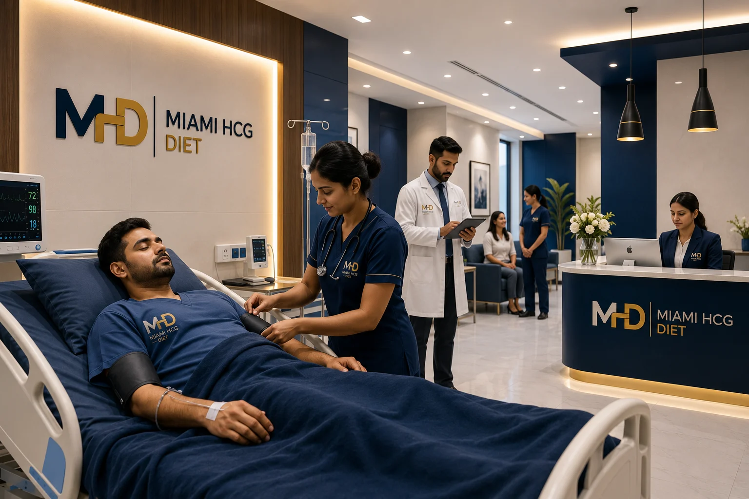Miami HCG Diet clinic healthcare professional checking a patient’s blood pressure in a modern medical treatment room.