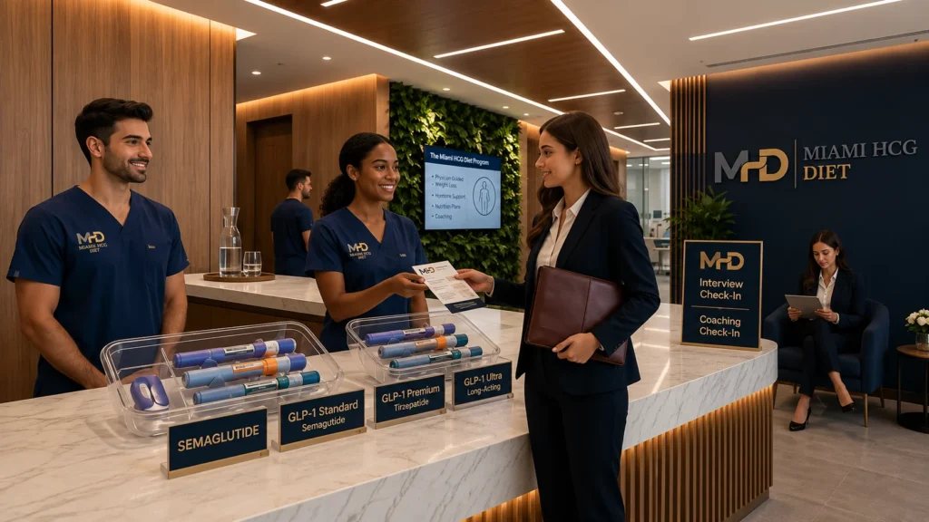 Miami HCG Diet clinic staff presenting weight loss program options and GLP-1 treatment solutions at the reception desk.