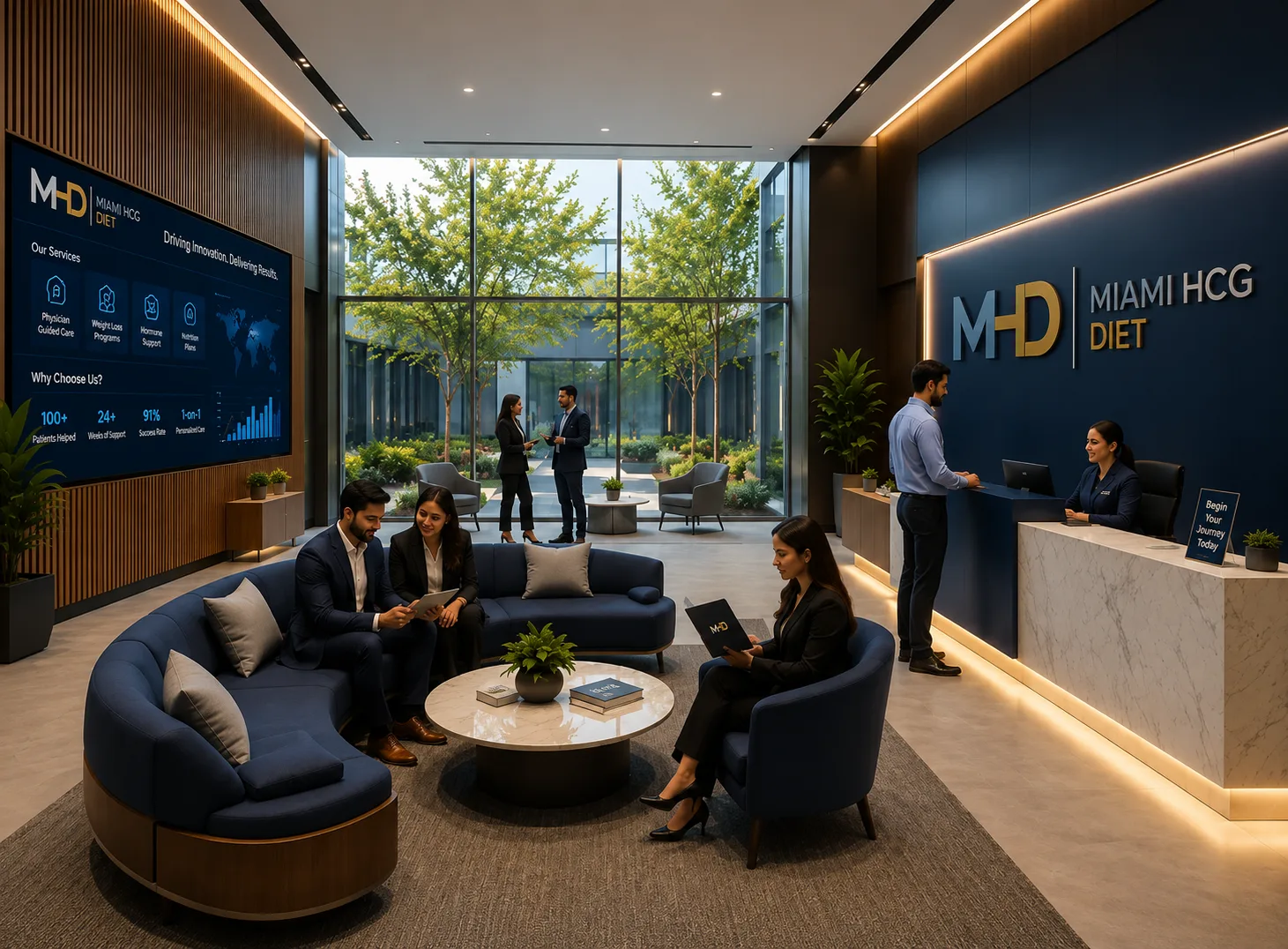 Modern Miami HCG Diet clinic reception and waiting area with patients, staff, consultation spaces, and personalized weight loss services.