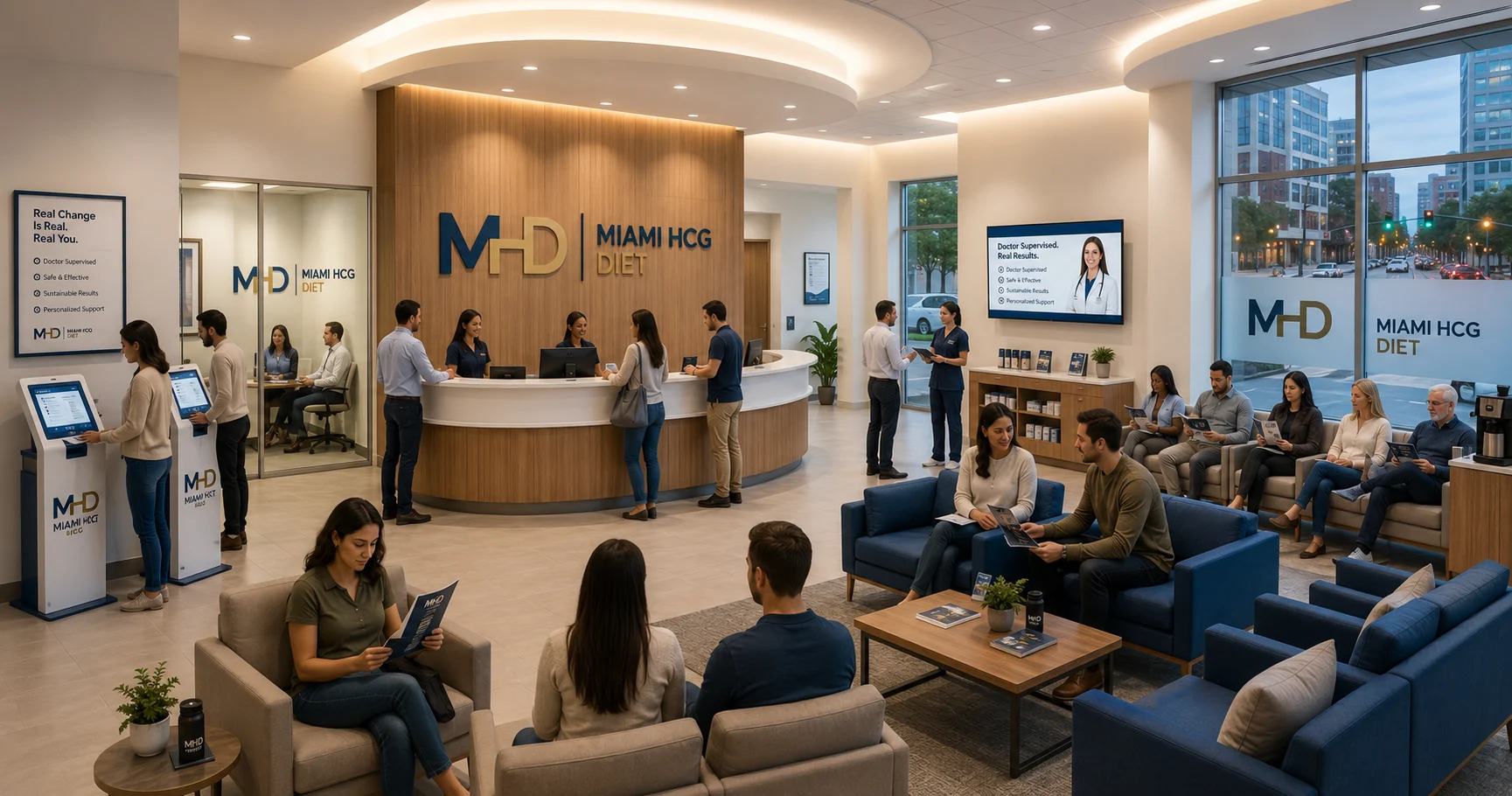 Miami HCG Diet clinic modern waiting area with patients, reception staff, and wellness consultation spaces in a professional healthcare environment.
