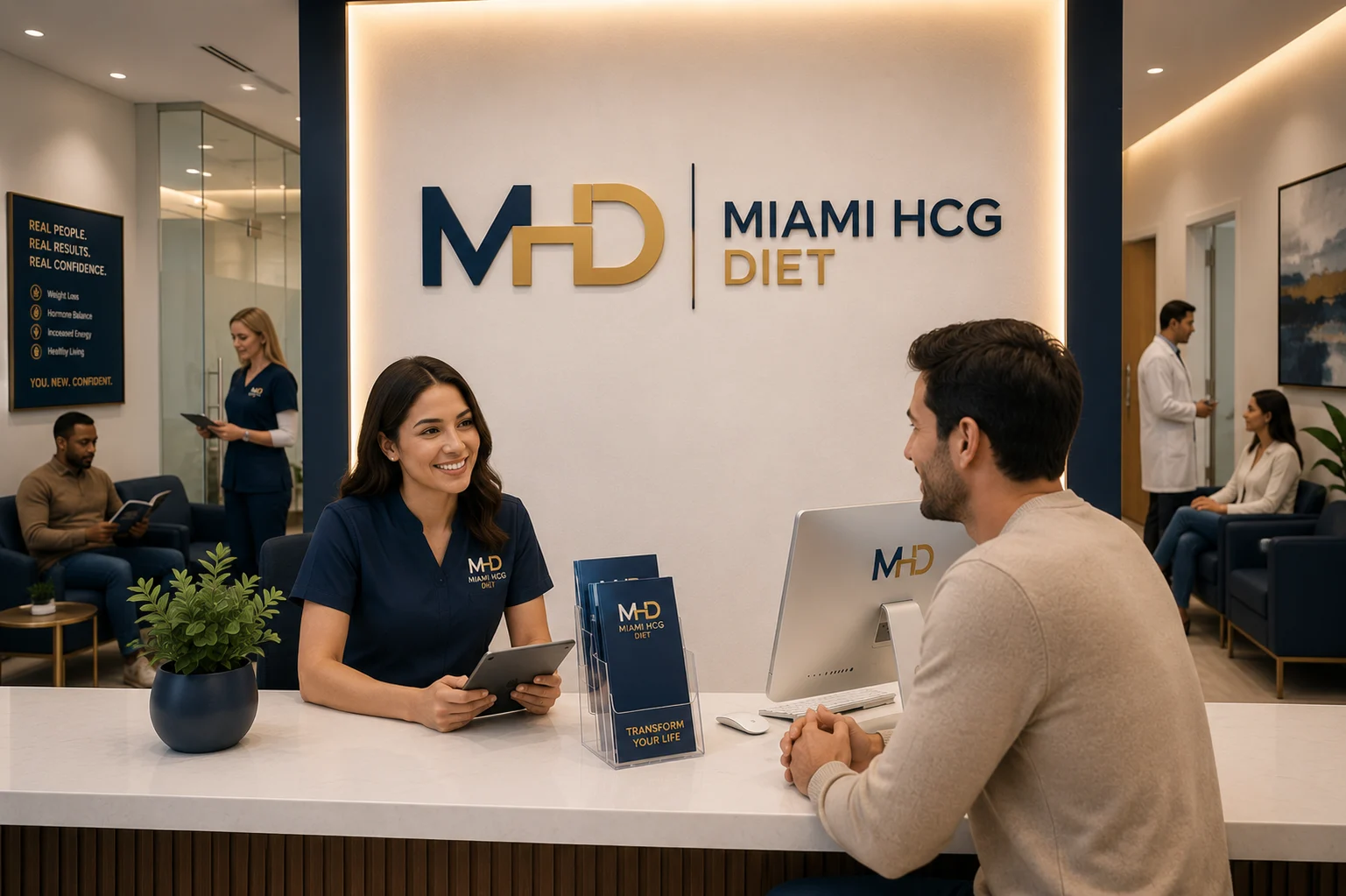 Miami HCG Diet clinic consultation desk with healthcare staff assisting a patient with personalized weight loss and wellness programs.