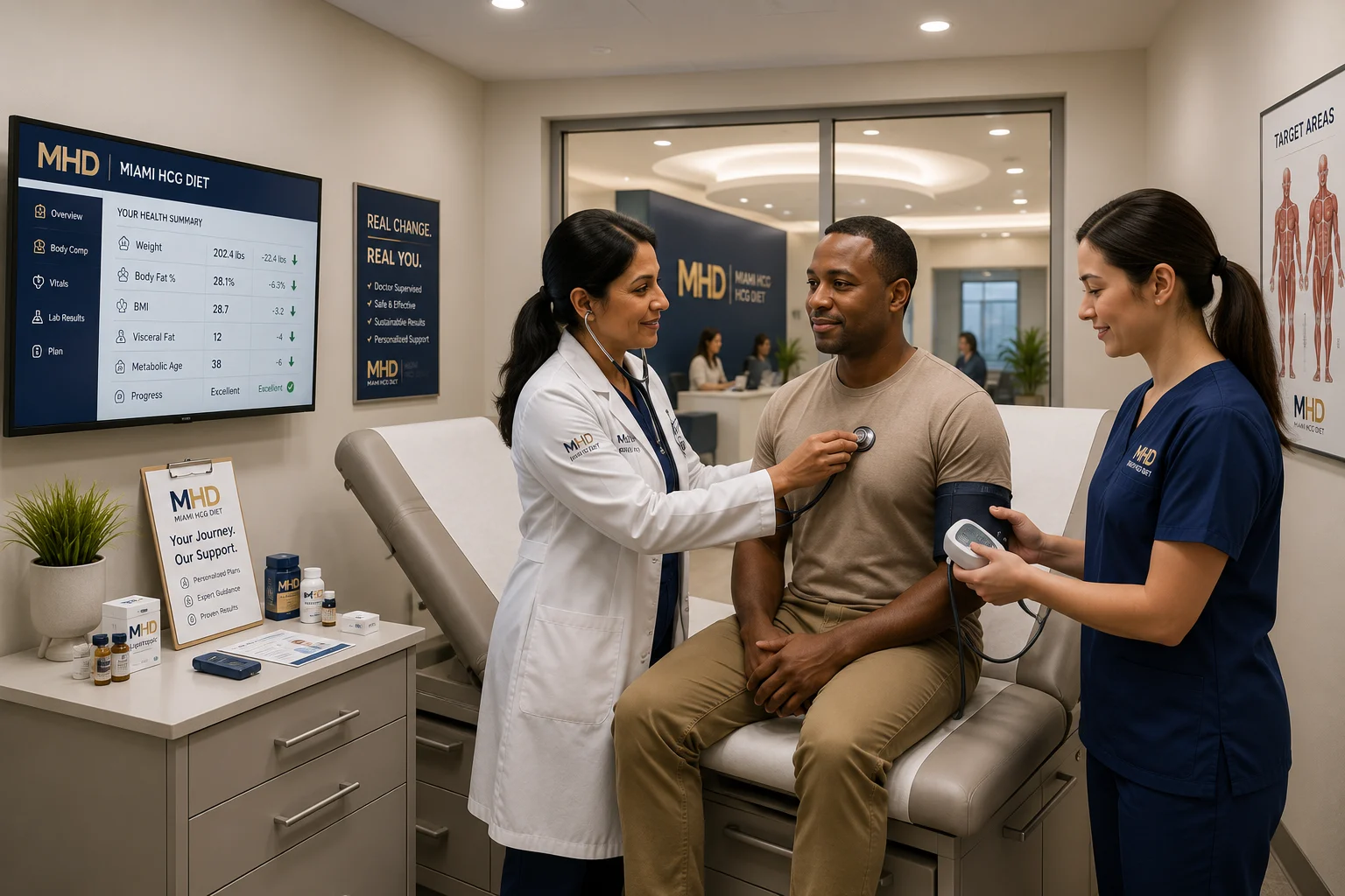 Miami HCG Diet medical team performing a patient health assessment with vital monitoring and personalized weight loss evaluation.