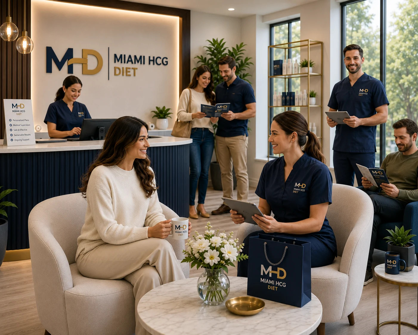 Miami HCG Diet clinic team providing personalized weight loss consultation and support to patients in a welcoming wellness center.