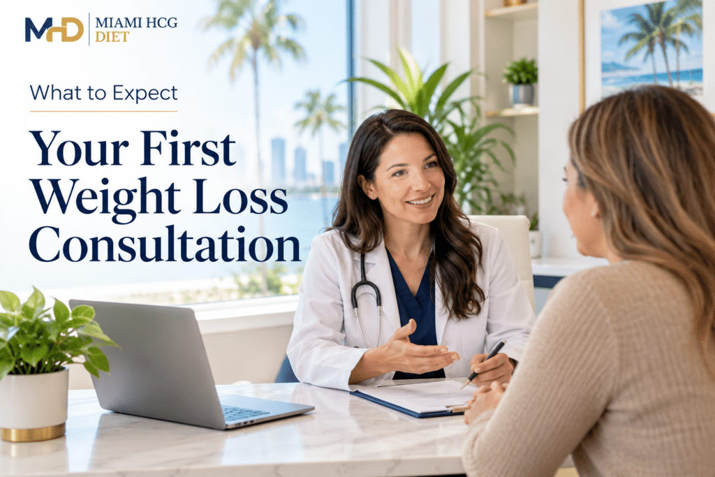 A doctor discussing medical weight loss options with a patient during a consultation in Miami.