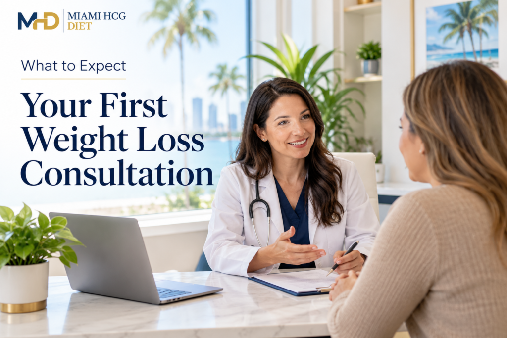 A doctor discussing medical weight loss options with a patient during a consultation in Miami.