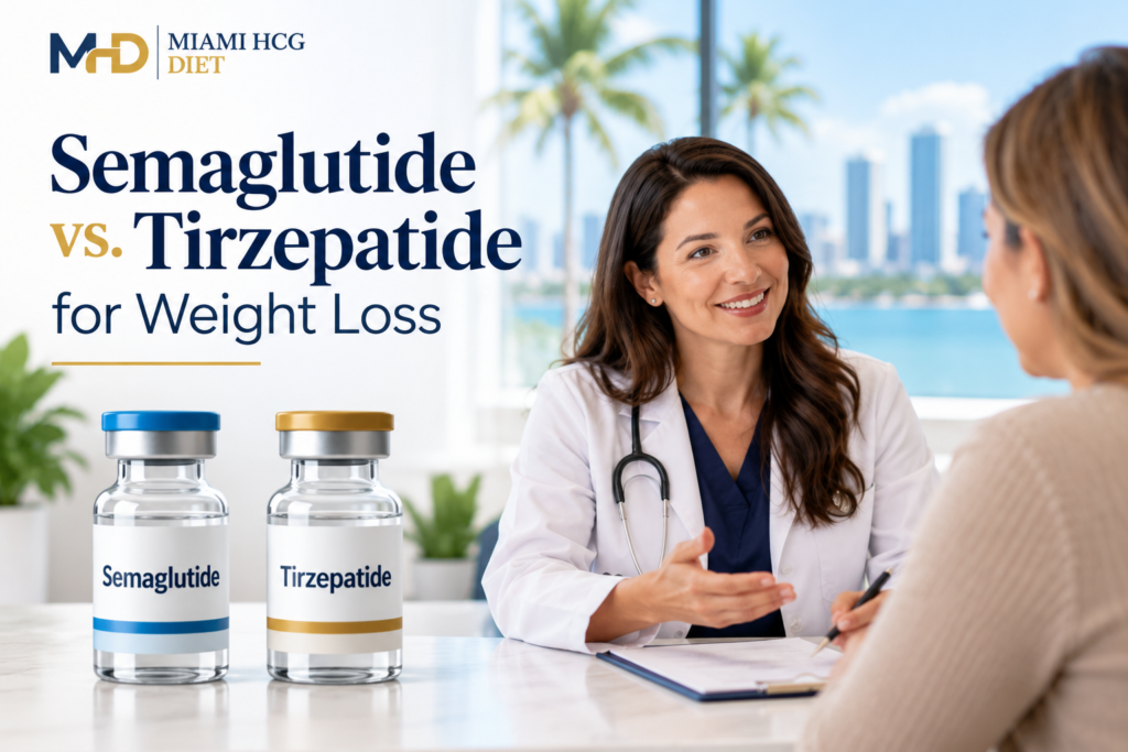 Doctor discussing semaglutide and tirzepatide weight-loss options with a patient in Miami.